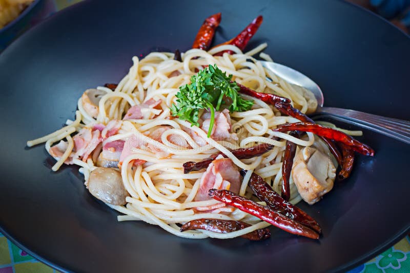 Spaghetti Ham and mushrooms, a traditional Italian recipe. Italian pasta spaghett stock images, royalty-free photos and pictures