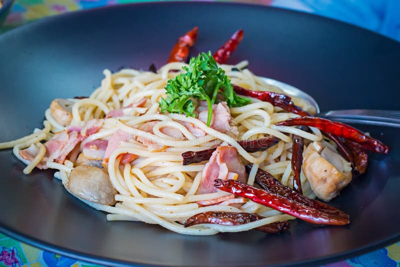 Spaghetti Ham and mushrooms, a traditional Italian recipe. Italian pasta spaghett stock images, royalty-free photos and pictures