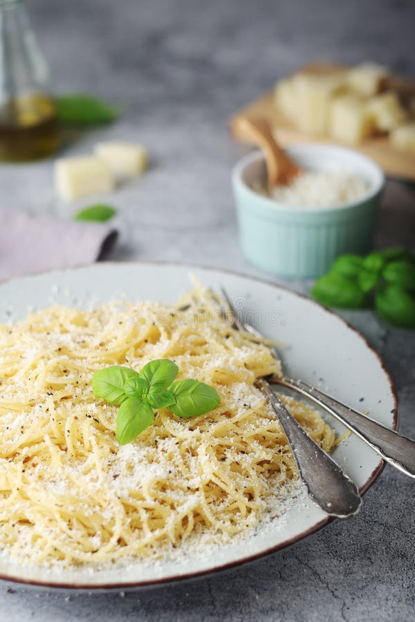 Spaghetti with Italian Cheese Pecorino Romano Stock Photo Image of