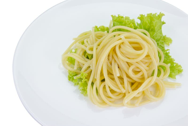 Spaghetti with Lettuce on White Dish, on White Stock Image Image of