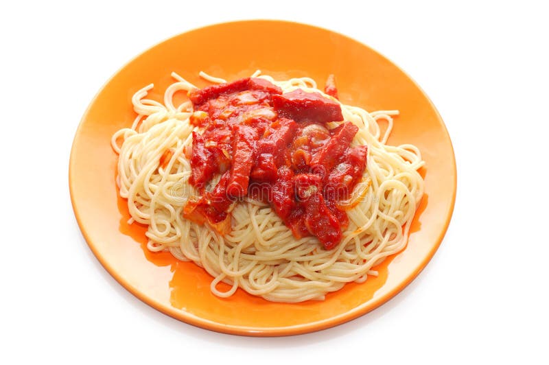 Spaghetti and meat with ketchup on orange plate