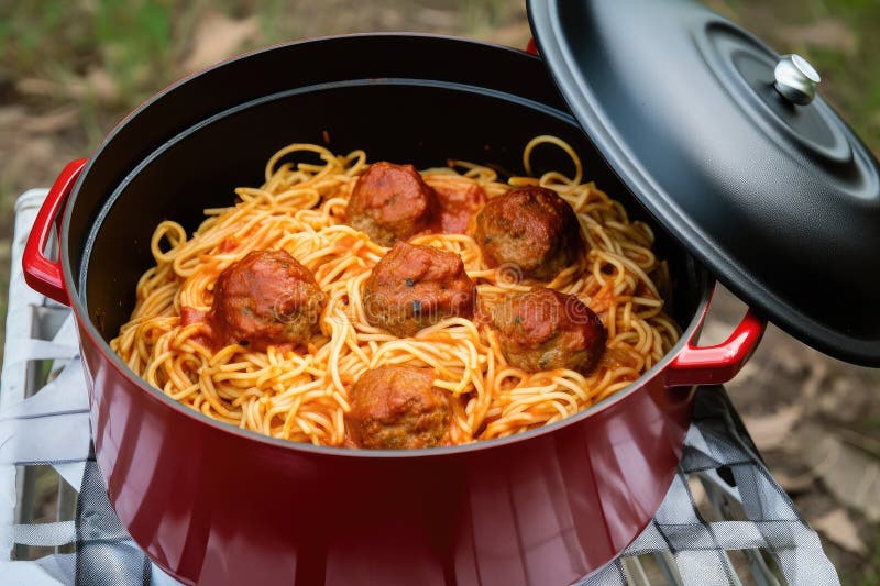 Spaghetti and Meatballs in a Dutch Oven on Table, Ready To Eat Stock Illustration Illustration