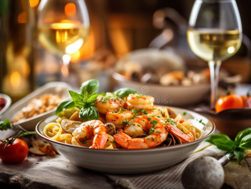 Spaghetti mit Garnelen. Pasta mit gedämpften Garnelen und Muscheln mit cremiger Soße und Basilikum in weißem Teller mit weißer Far vektor abbildung