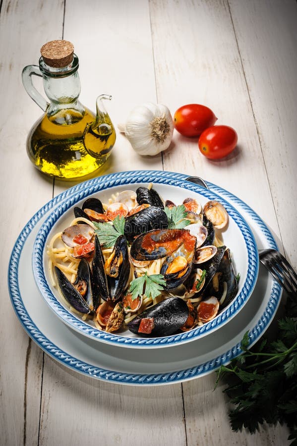 Spaghetti with Mussels and Clams Stock Image Image of fish, clams
