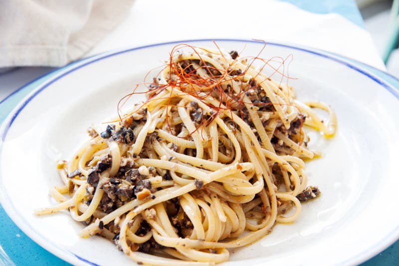Spaghetti with Olives and Anchovies Stock Photo Image of delicious