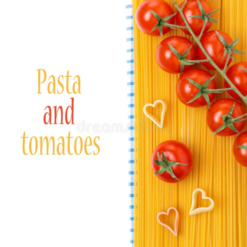 Spaghetti, pasta in the form of heart, cherry tomatoes, isolated