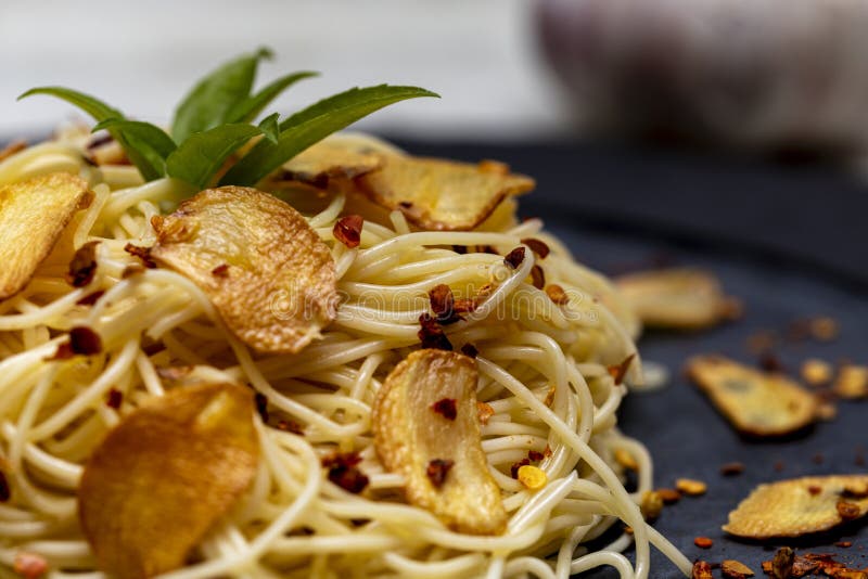 Spaghetti Pasta with Fried Garlic and Olive Oil Stock Photo Image of