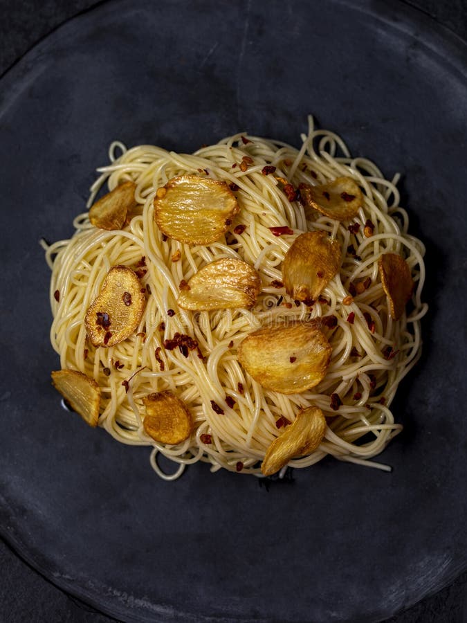 Spaghetti Pasta with Fried Garlic and Olive Oil Stock Photo Image of