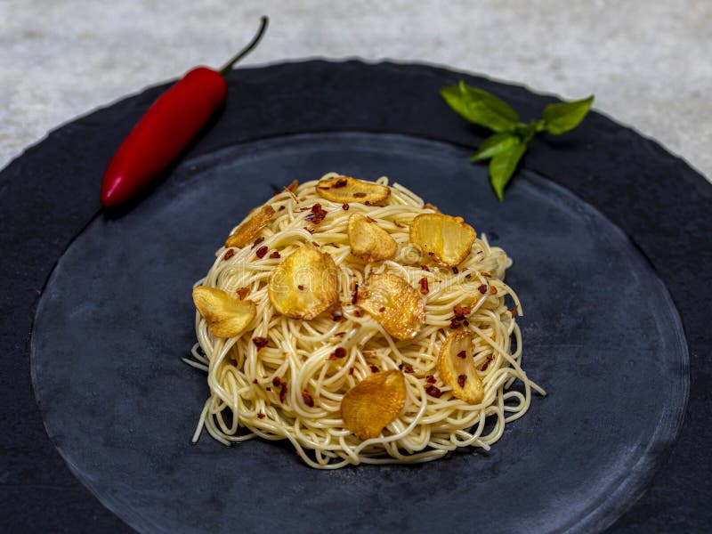 Spaghetti Pasta with Fried Garlic and Olive Oil Stock Photo Image of