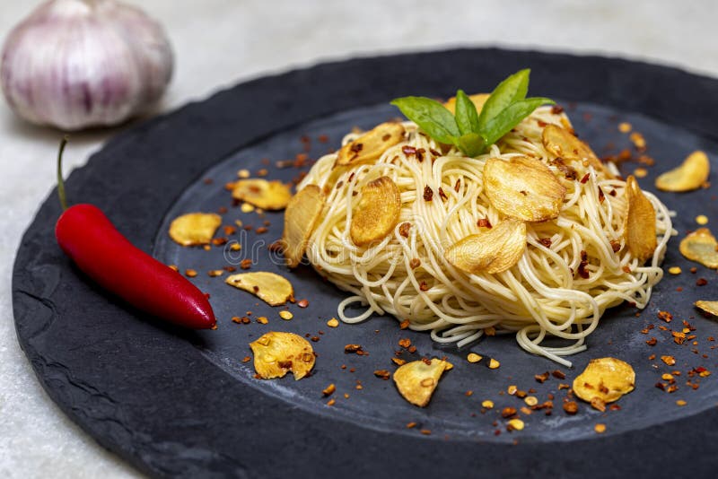 Spaghetti Pasta with Fried Garlic and Olive Oil Stock Image Image of