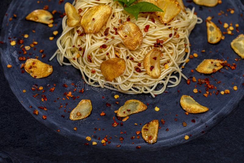 Spaghetti Pasta with Fried Garlic and Olive Oil Stock Photo Image of