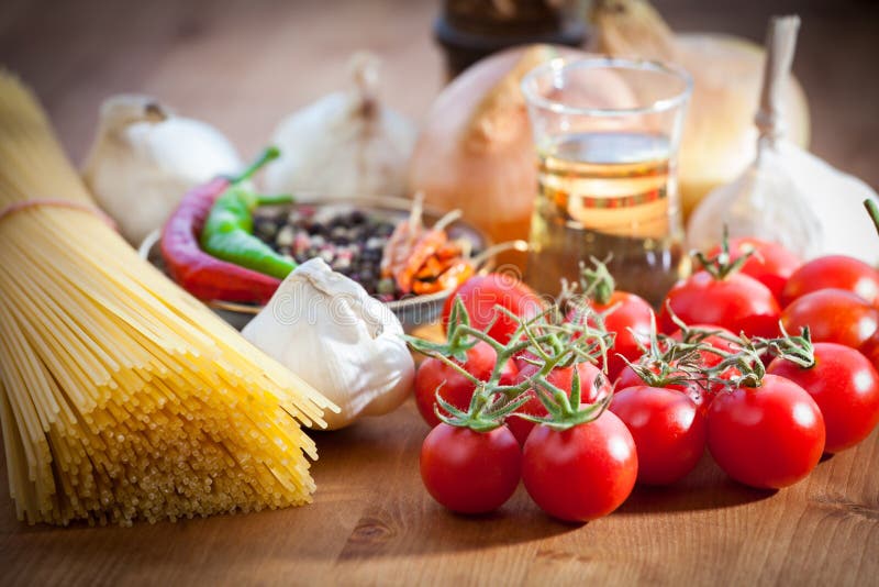 Spaghetti Pasta with Olive Oil and Basil, Garlic and Tomato Stock Image
