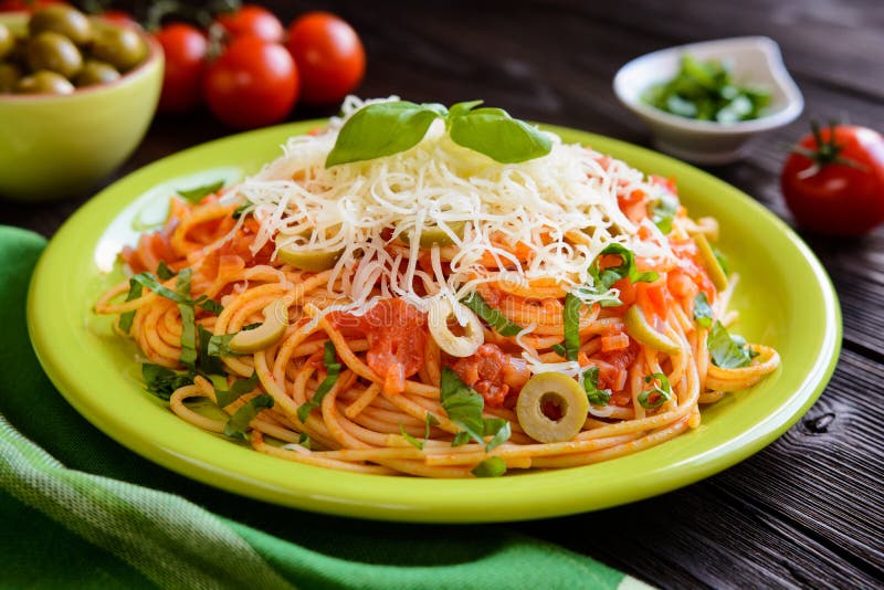 Spaghetti Pasta Salad Tomato Sauce Olives Gouda Cheese Basil Stock