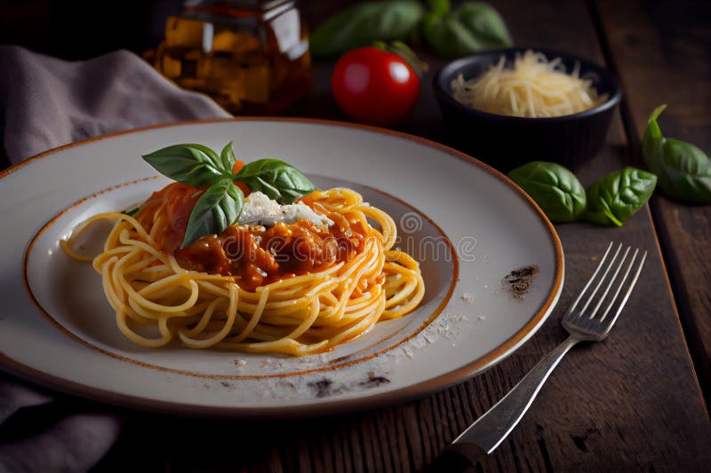 Spaghetti Pasta with Sauce and Fresh Basil on Plate, Generative Ai