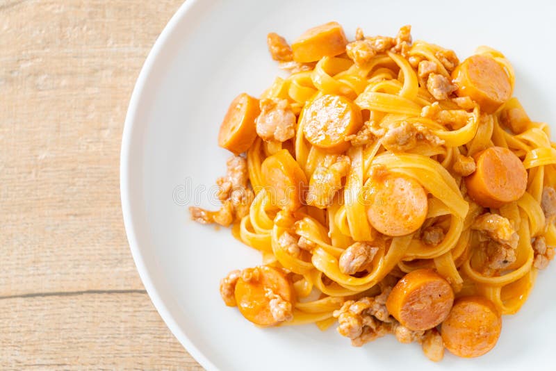 Spaghetti Pasta Sausage and Minced Pork Stock Photo Image of food