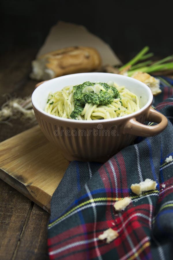 Spaghetti Pasta and Spinach Dip Stock Photo Image of view, table