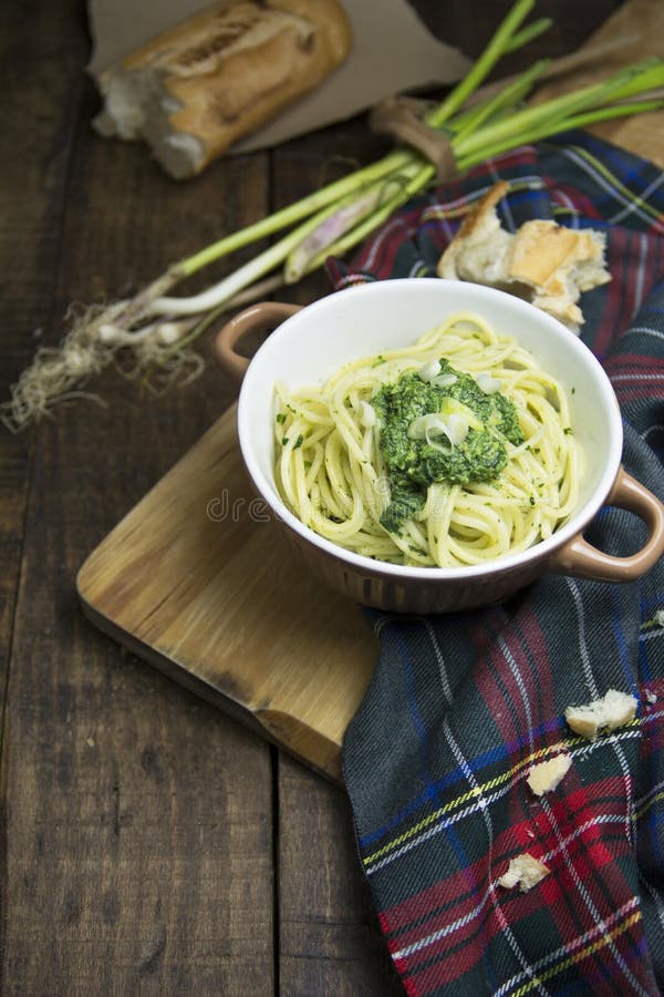 Spaghetti Pasta and Spinach Dip Stock Photo Image of food, rustic