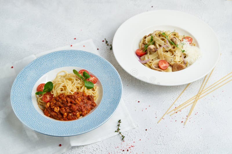 Spaghetti and Penne Pasta with Tomatoes and Basil Stock Image Image
