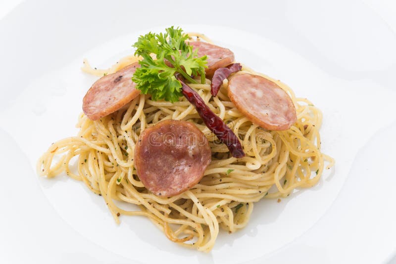 Spaghetti pepperoni stock image. Image of delicious, leaf 55623505