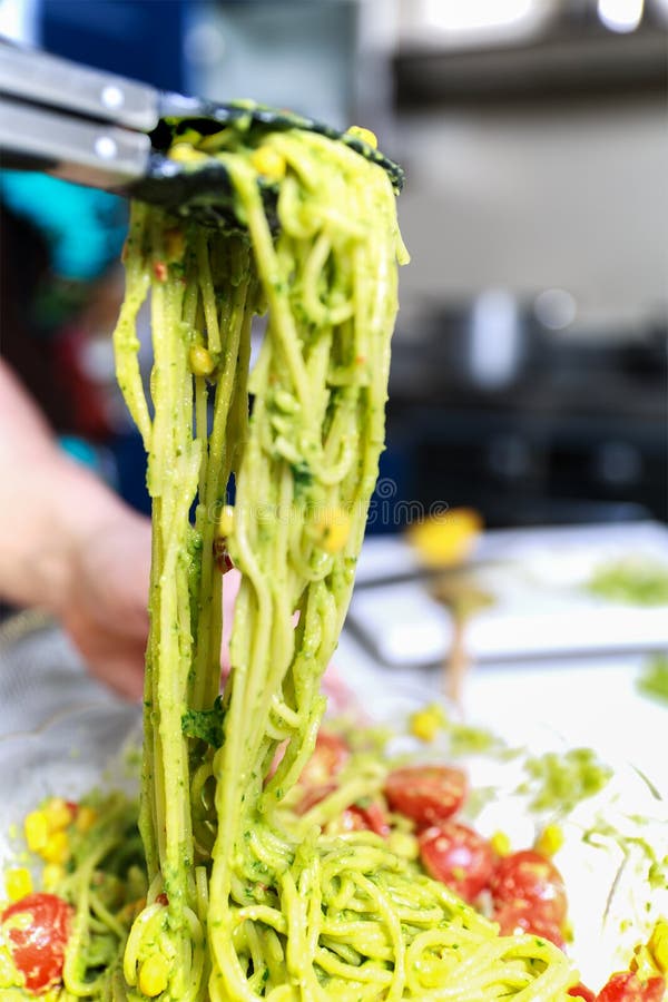 Spaghetti with Pesto Sauce and Cherry Tomato Stock Photo Image of
