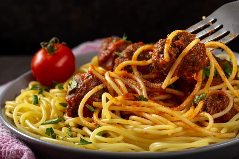 Spaghetti with Pork and Beef Meatballs and Tomato Sauce Stock Image