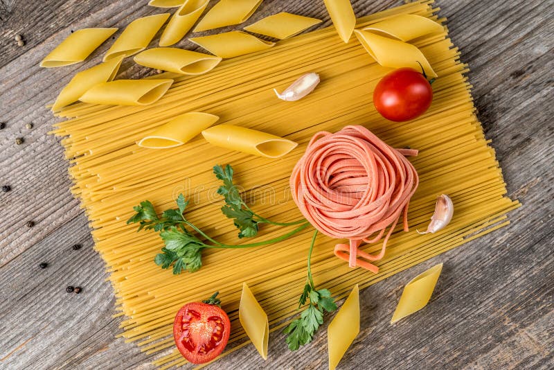 Spaghetti, Rose Looking Macaroni in Composition, Topview Stock Image