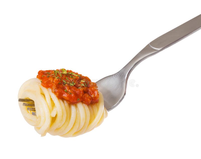 Spaghetti and sauce on a fork isolated