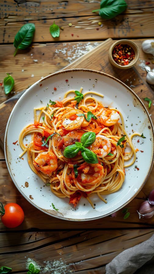 Spaghetti with Shrimp and Marinara Sauce, Rustic Presentation. Italian