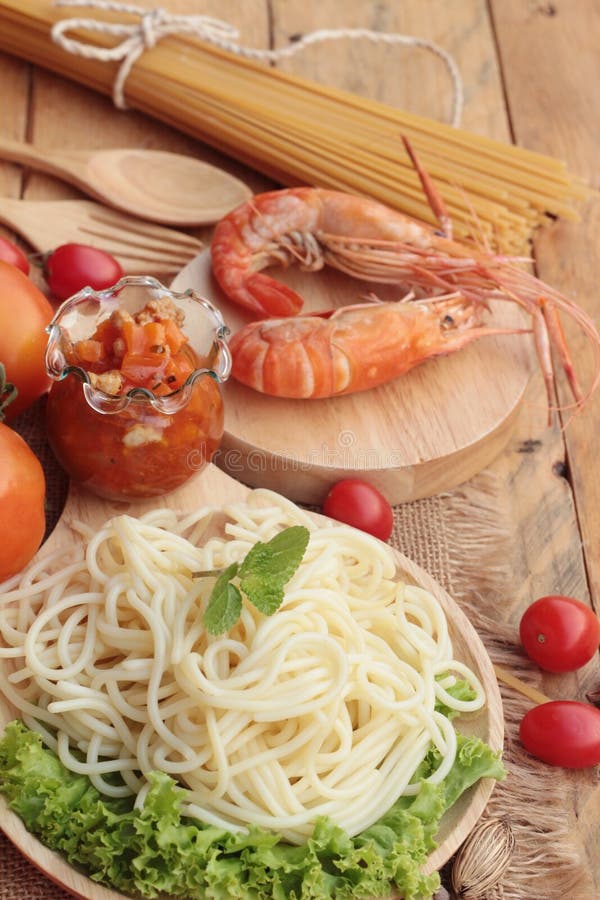 Spaghetti with Shrimp and Tomato Sauce Delicious. Stock Image Image
