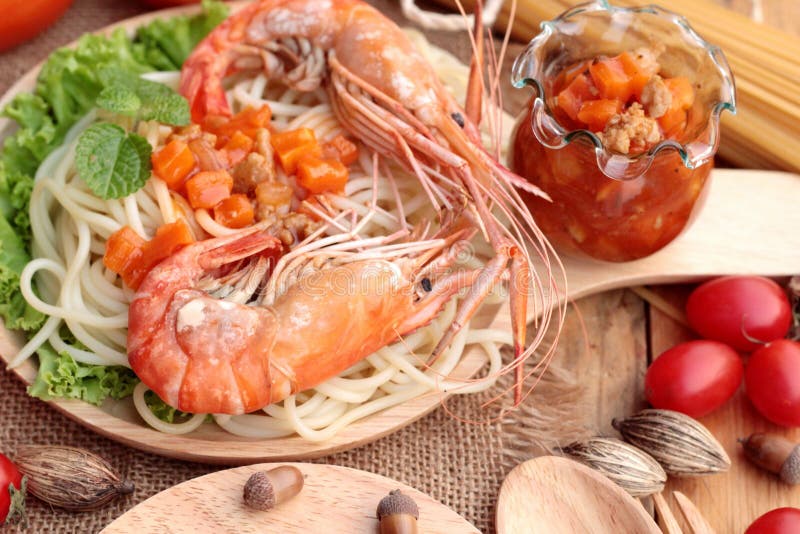 Spaghetti with Shrimp and Tomato Sauce Delicious. Stock Image Image