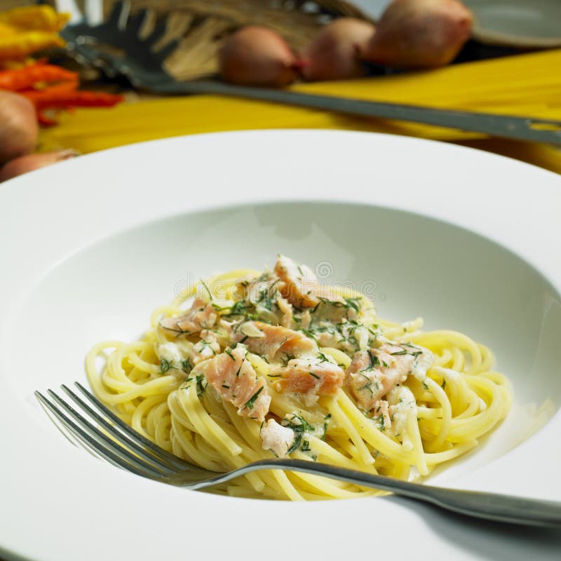 Spaghetti with Smoked Salmon and Dill Stock Photo Image of cooking