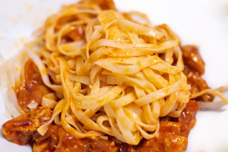 Spaghetti with Spicy Sauce and Meat Lie in a Plate Stock Image Image