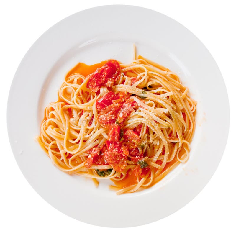 Spaghetti with spicy tomato sauce on white plate