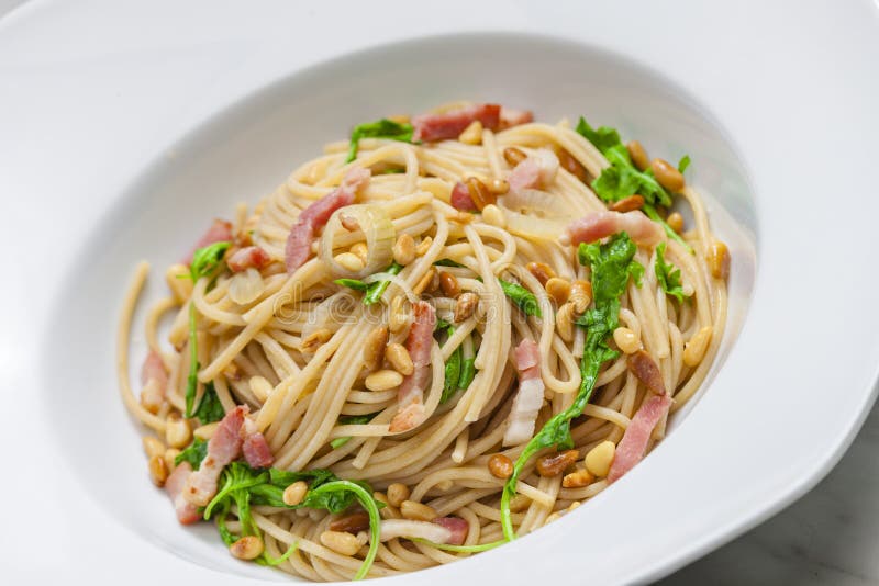 Spaghetti with Spinach, Bacon and Kernels Stock Photo Image of