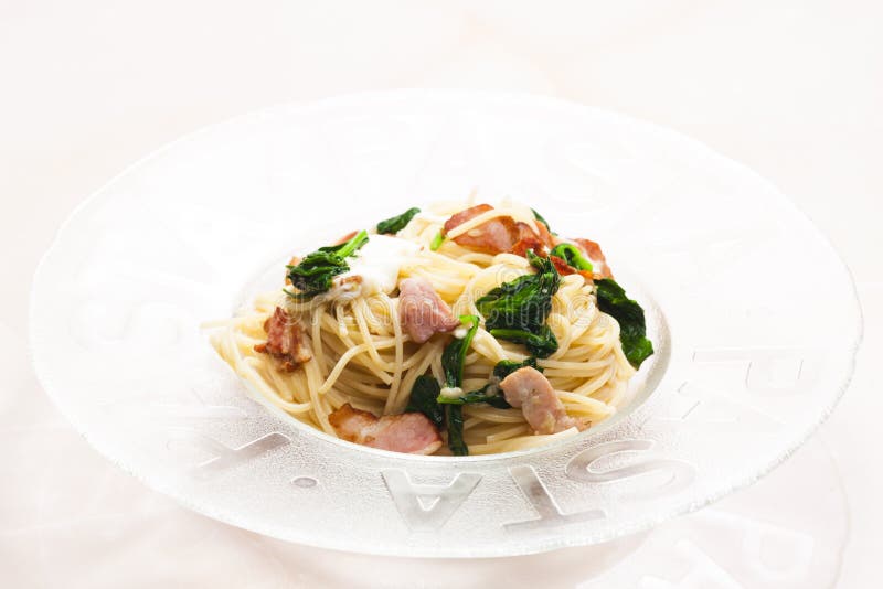 Spaghetti with Spinach, Bacon and Mozzarella Stock Image Image of