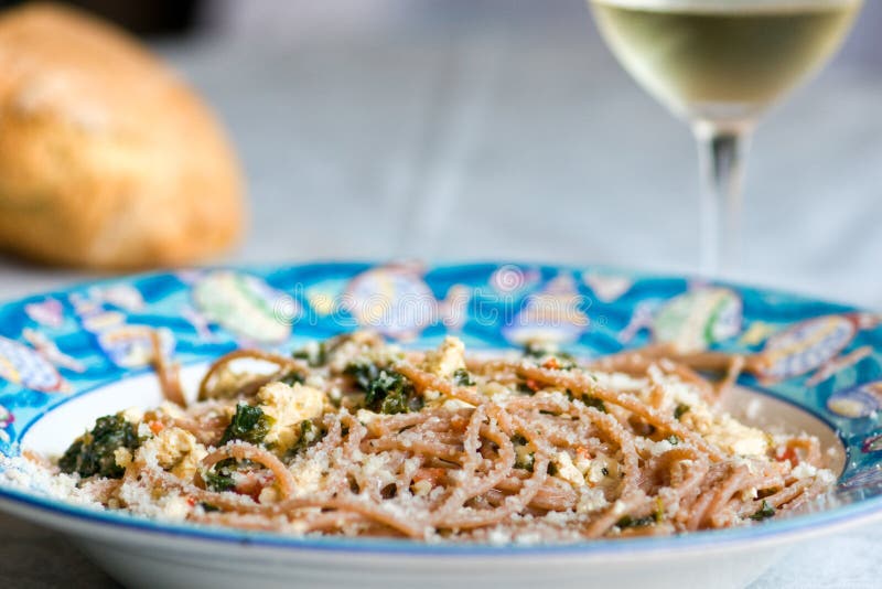 Spaghetti with Tofu, Cheese, Spinach and Fresh Tom Stock Image Image