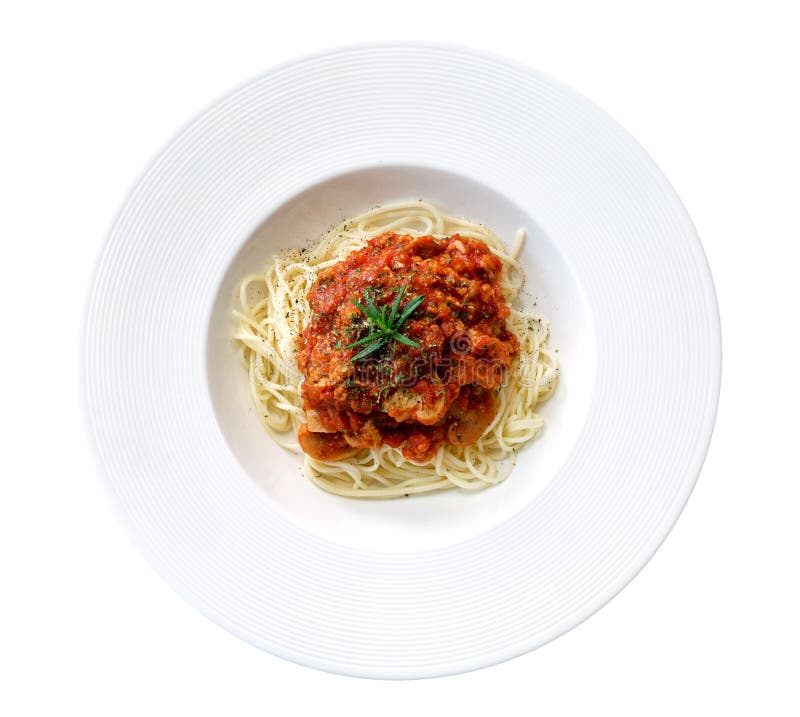 Spaghetti tomato sauce in ceramic plate top view isolated on white background, path