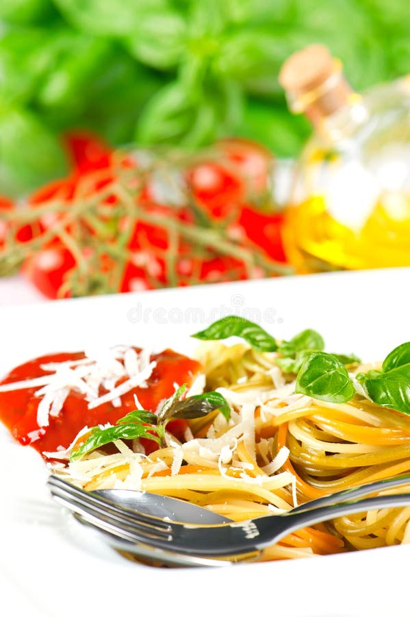 Spaghetti with Tomato Sauce and Fresh Basil Stock Image Image of