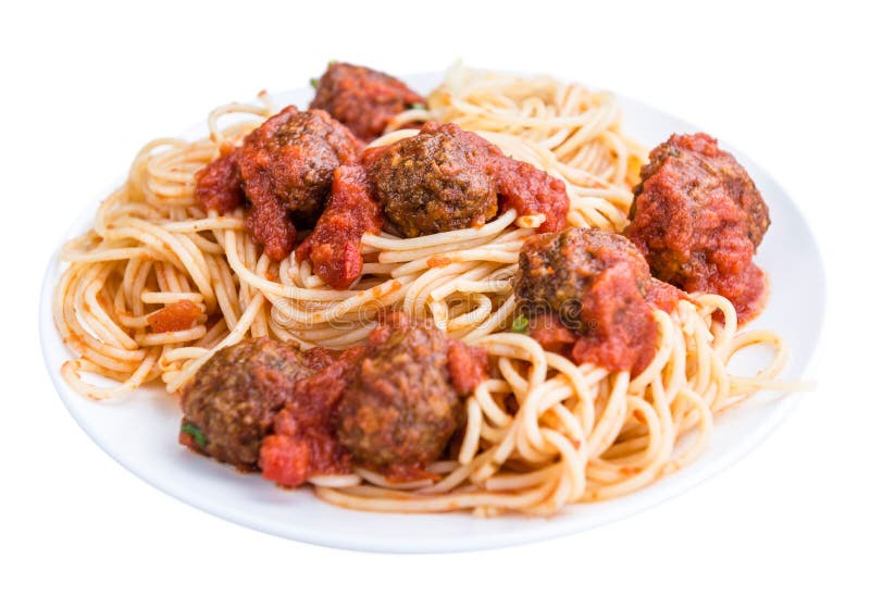 Spaghetti z klopsikami i Pomidorowym kumberlandem odizolowywającymi na bielu ()
