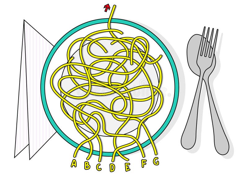 Spaghettilabyrinthvektorlabyrinth-Spielpuzzlespiel mit Lösung in versteckter Schicht stock abbildung Spaghettilabyrinthvektorlabyrinth-Spielpuzzlespiel mit Lösung in versteckter Schicht stock abbildung