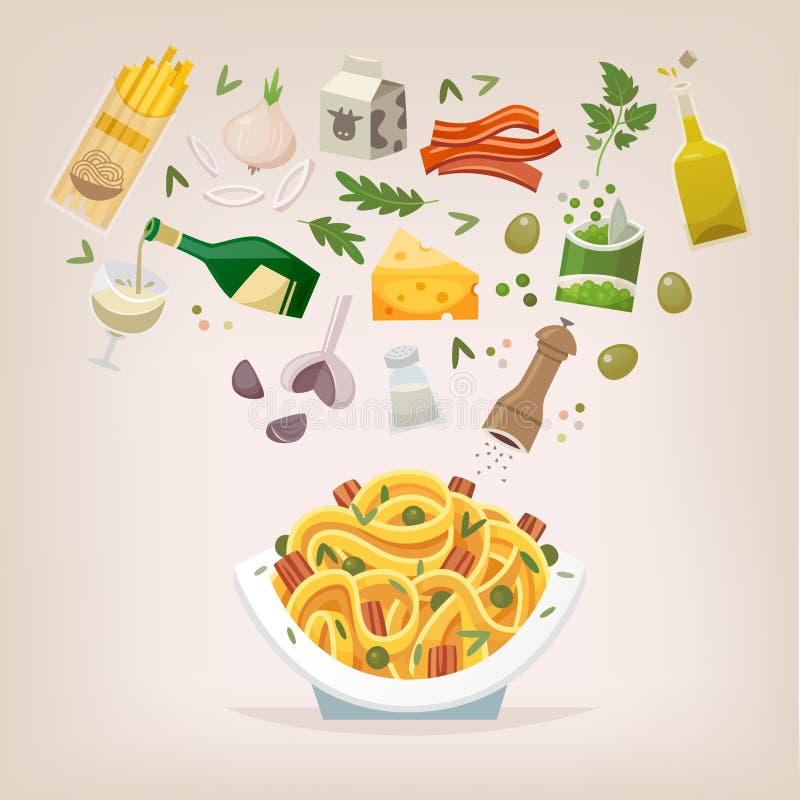 Spaghettis mit Speck und Erbsen lizenzfreie abbildung Spaghettis mit Speck und Erbsen lizenzfreie abbildung
