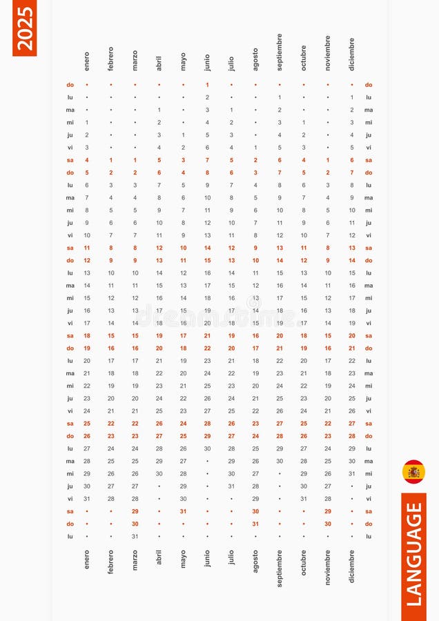 Spagnolo calendario verticale 2025 domenica primo giorno della settimana royalty illustrazione gratis