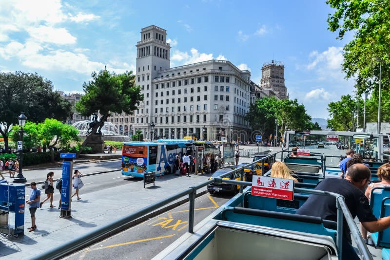 Spain Barcelona July 2017 blue tourist bus. city tour sightseeing royalty free stock photography Spain Barcelona July 2017 blue tourist bus. city tour sightseeing royalty free stock photography