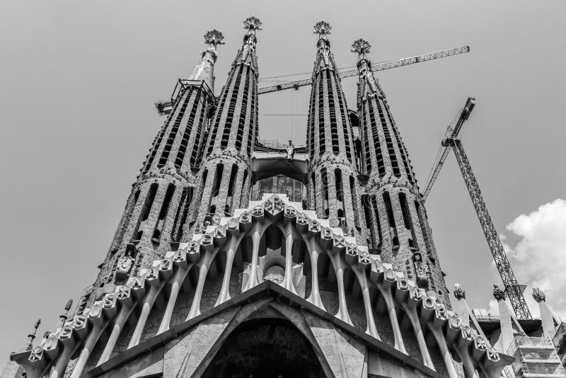 Spain Barcelona July 2017. Sagrada Familia attraction construction cranes. monochrome royalty free stock image Spain Barcelona July 2017. Sagrada Familia attraction construction cranes. monochrome royalty free stock image