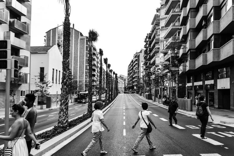 Spain Barcelona July 15, 2017. the streets are crowded with people, the historic district of the city for walking. monochrome royalty free stock photography Spain Barcelona July 15, 2017. the streets are crowded with people, the historic district of the city for walking. monochrome royalty free stock photography