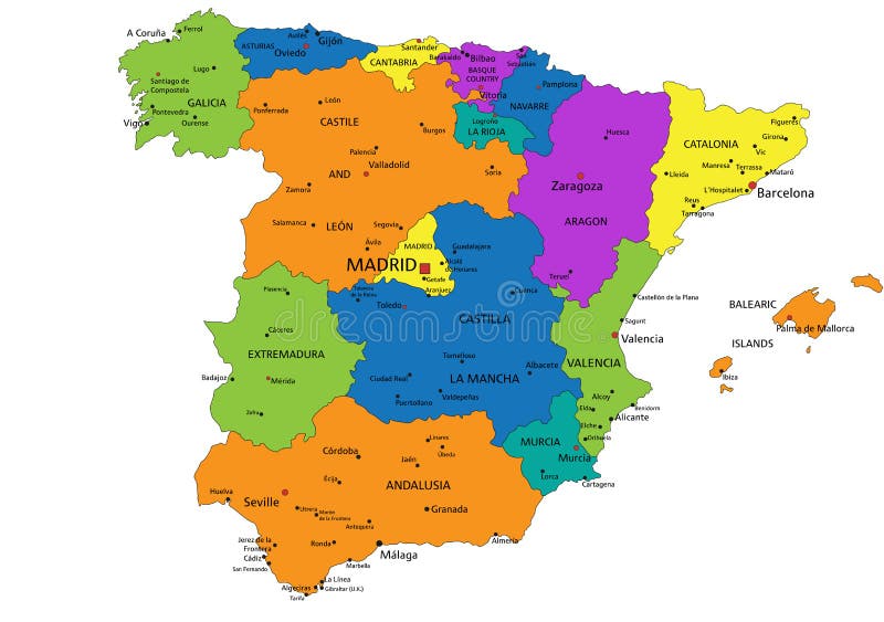 Colorful Portugal political map with clearly labeled, separated