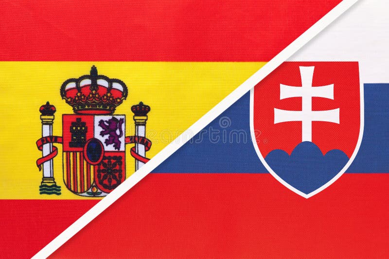 Spain and Slovakia, symbol of two national flags from textile. Championship between two european countries