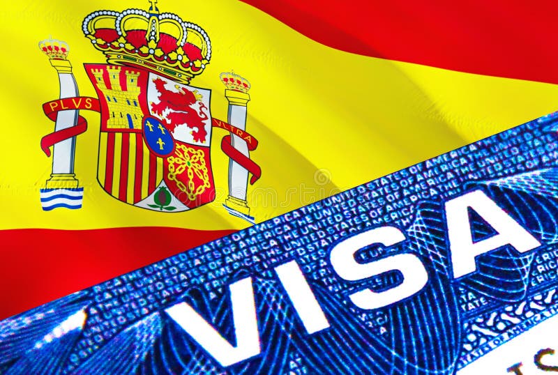 Spain visa document close up. Passport visa on Spain flag. Spain visitor visa in passport,3D rendering. Spain multi entrance in royalty free illustration
