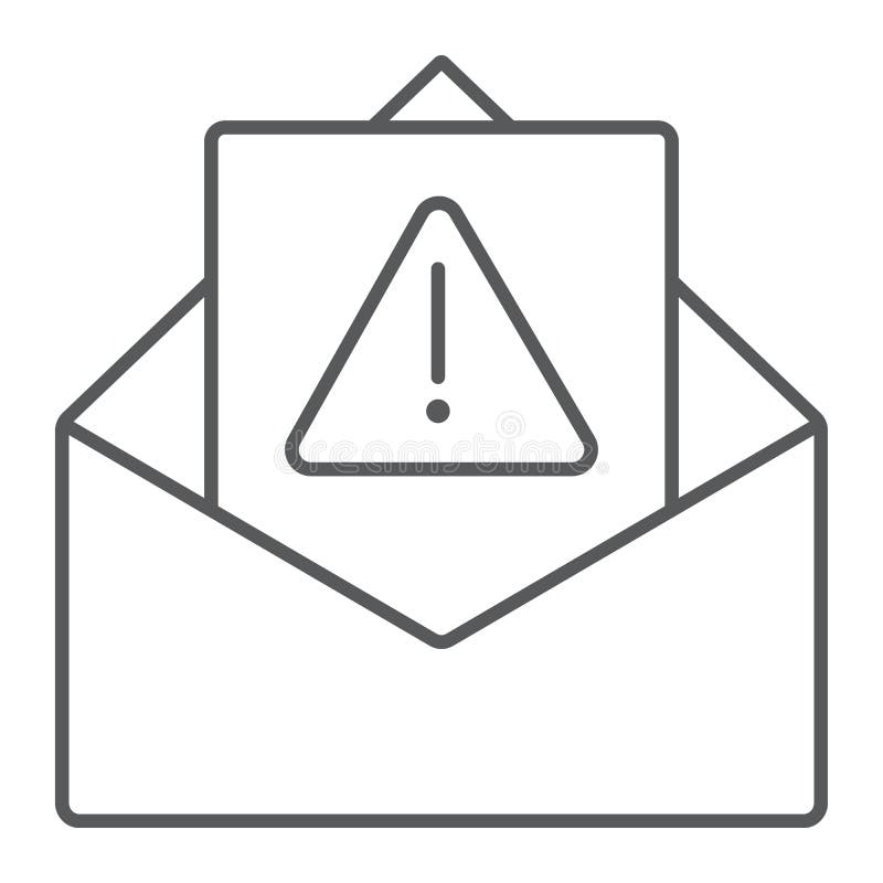 Spam warning thin line icon, letter and email, alert mail sign, vector graphics, a linear pattern on a white background. stock illustration