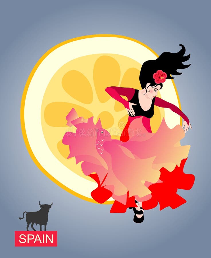 Spanierin mit einem Schal, wie einem fliegenden Vogel, tanzender Flamenco gegen das aufgehende Sonne in Form eines Stückes der Zi lizenzfreie abbildung